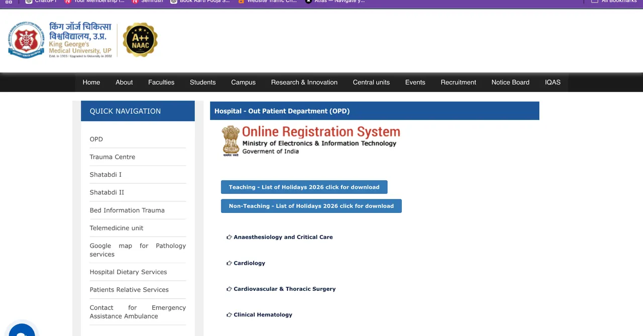 KGMU official OPD page showing the Online Registration System
