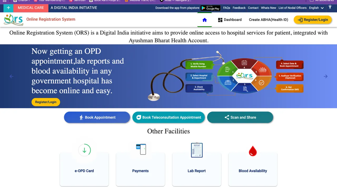 ORS Patient Portal homepage with Book Appointment option