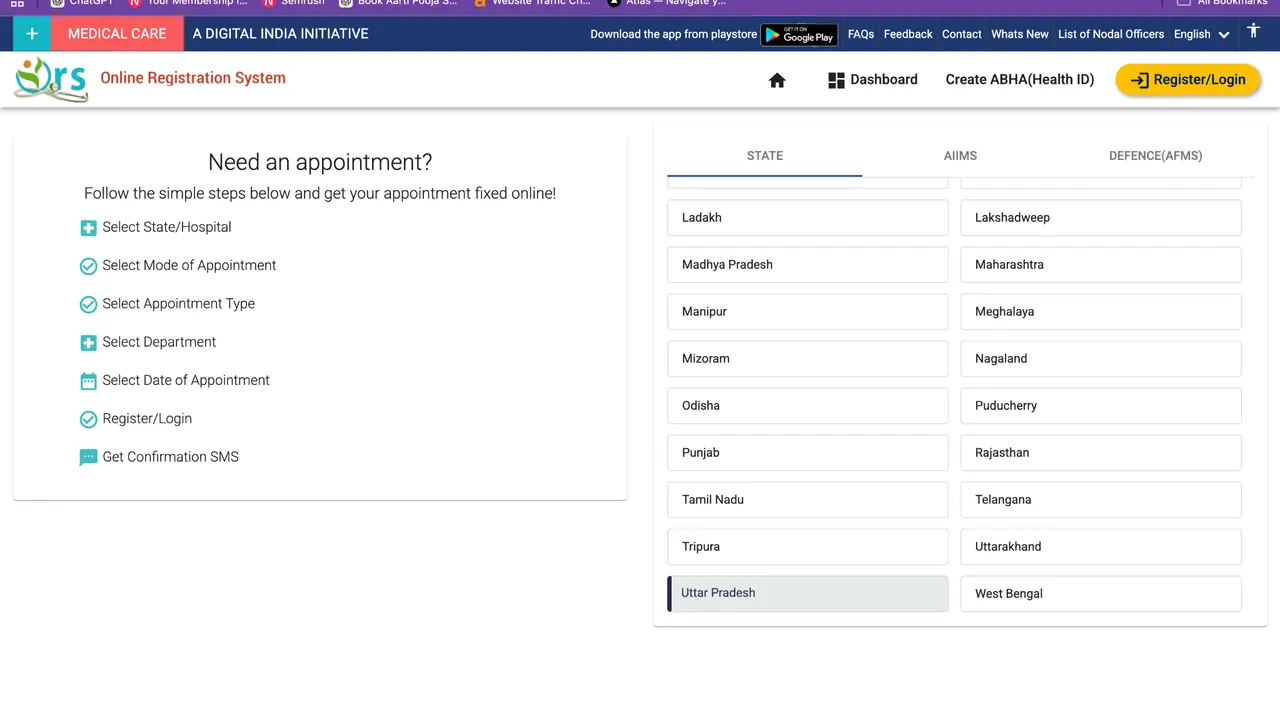 ORS appointment screen with Uttar Pradesh selected